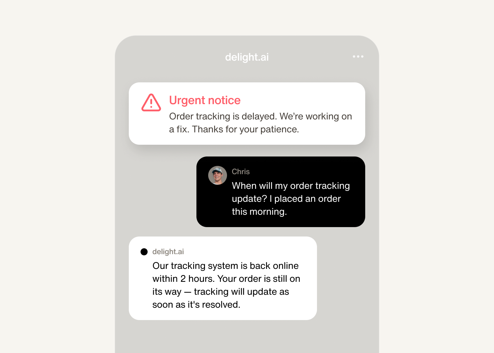 Support teams can publish an Urgent Notice directly from the AI Agent dashboard with no deployment required