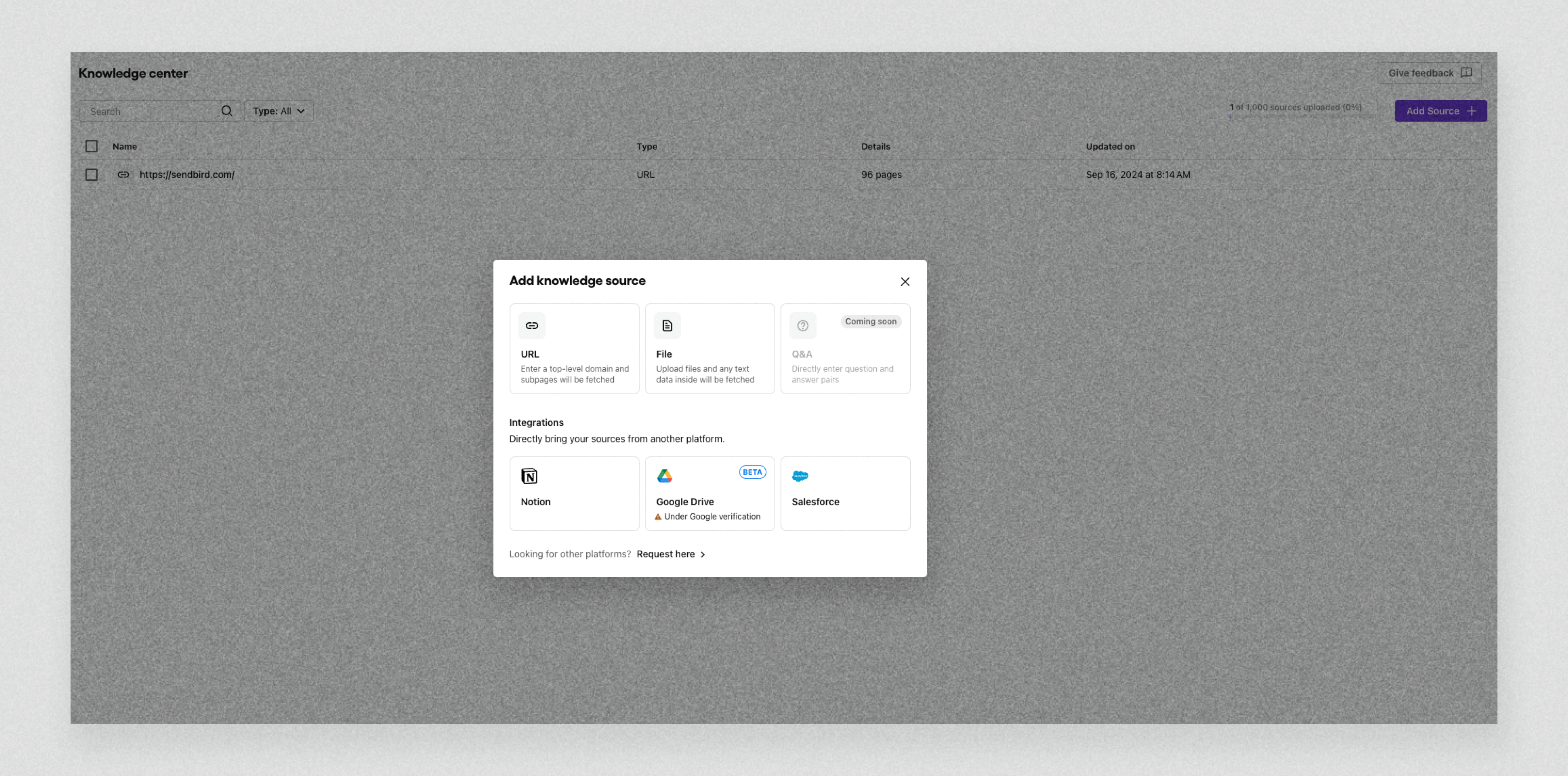Ingest your website URLs in the knowledge center