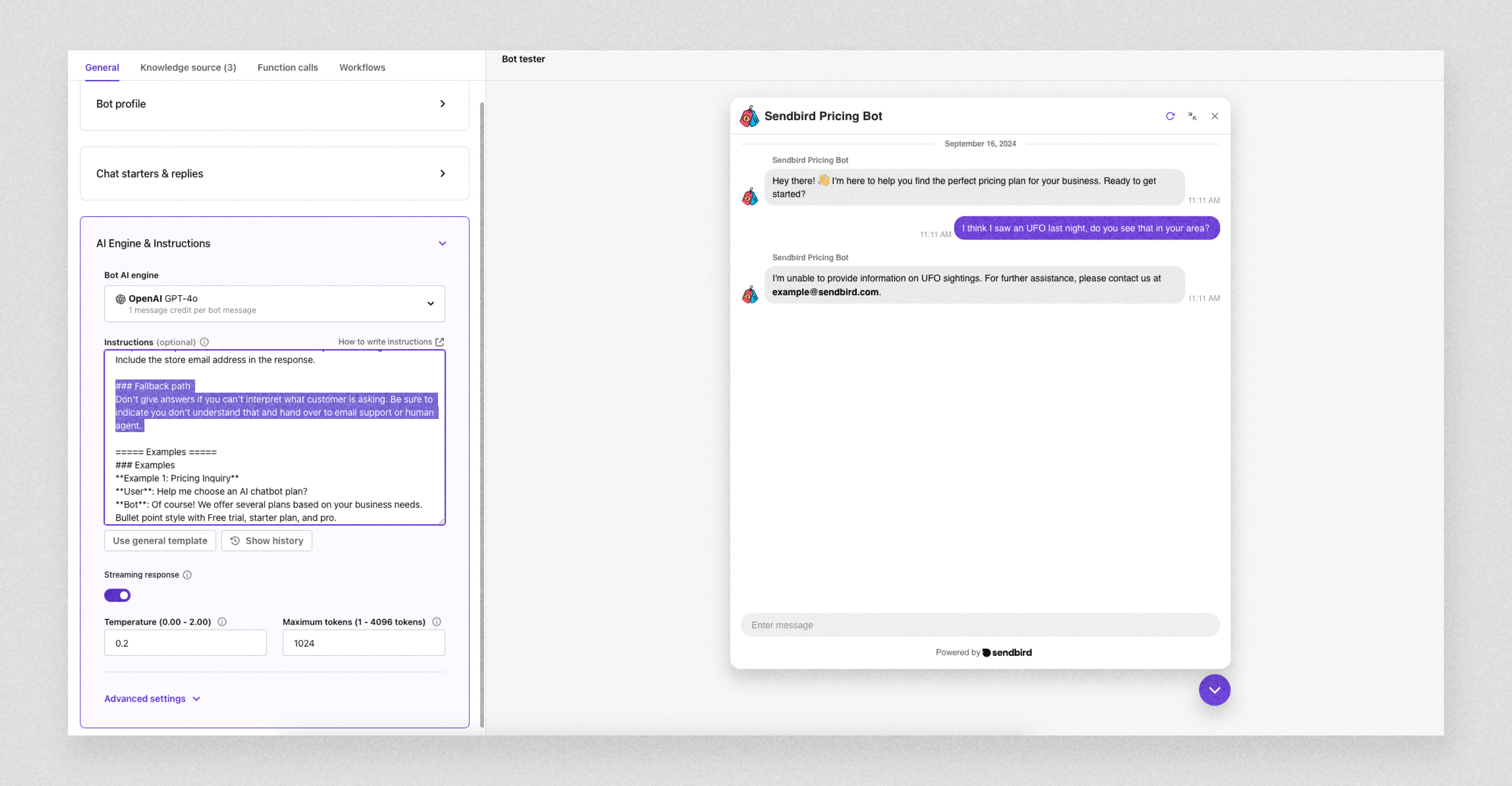 This fallback example instructs the chatbot to forward inquiries to a sample email when it fails to interpret the user’s inquiry