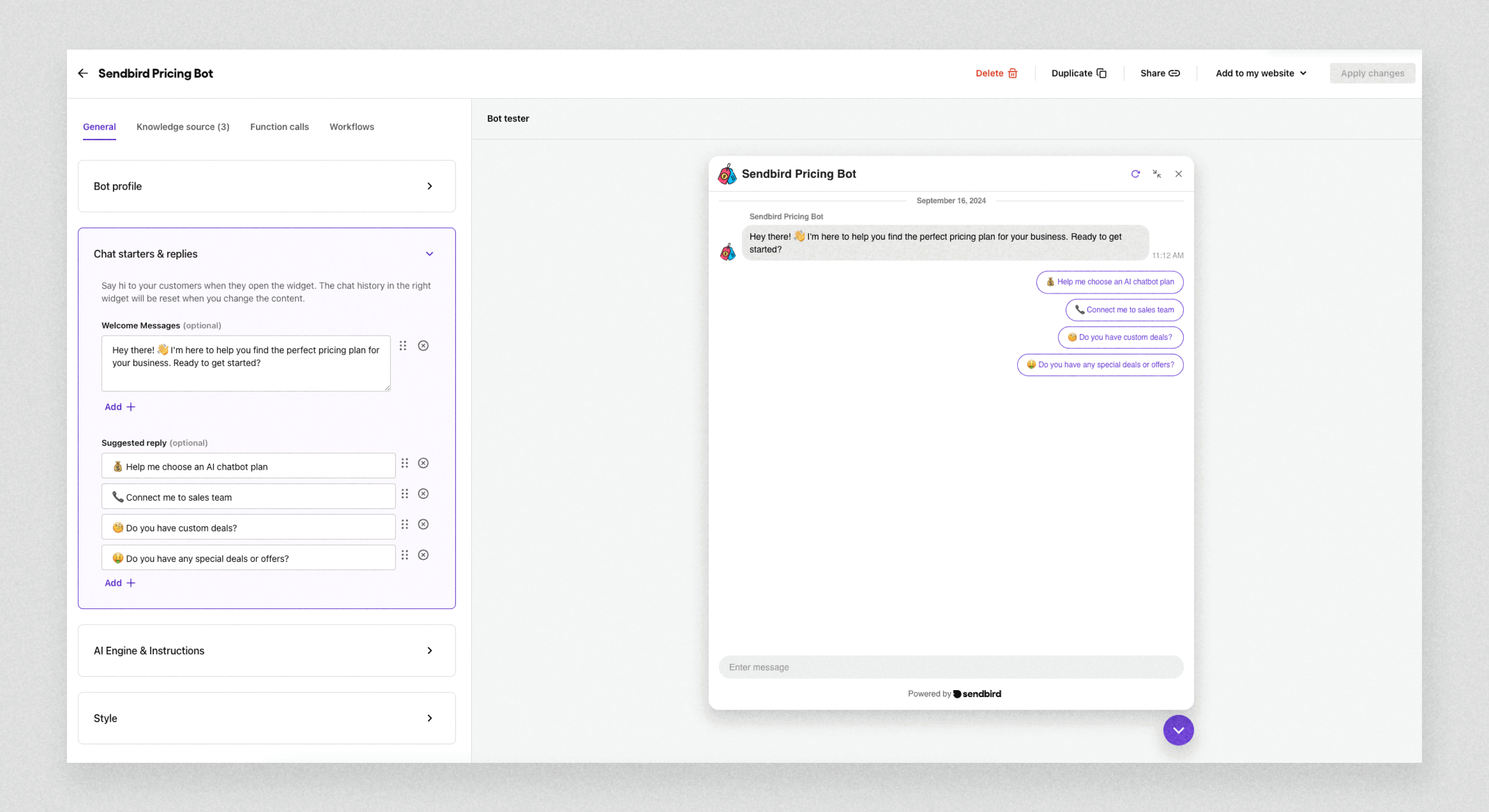 Chatbot welcome message and suggested replies for a sample pricing bot