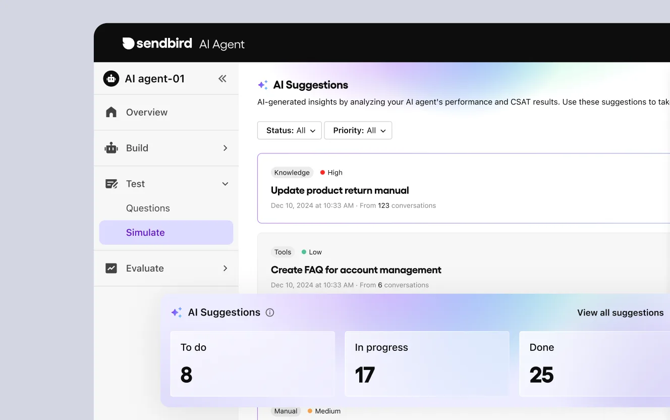 Sendbird AI agent builder user tasking and customizing agent workflow in no-code interface”