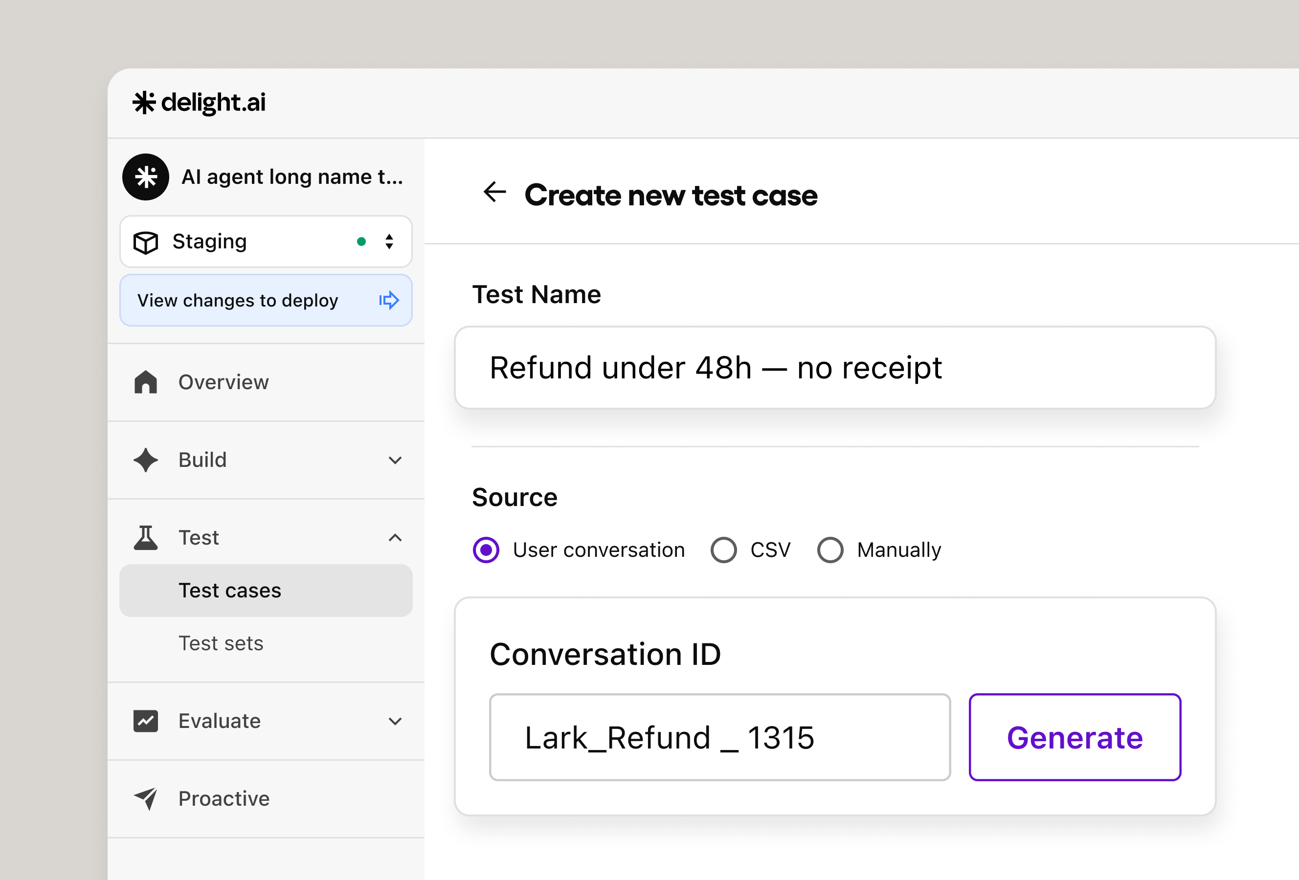 A window to create a new test case for an AI agent