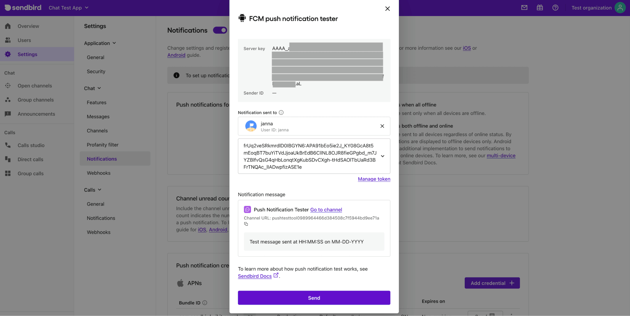 FCM push notification tester sendbird