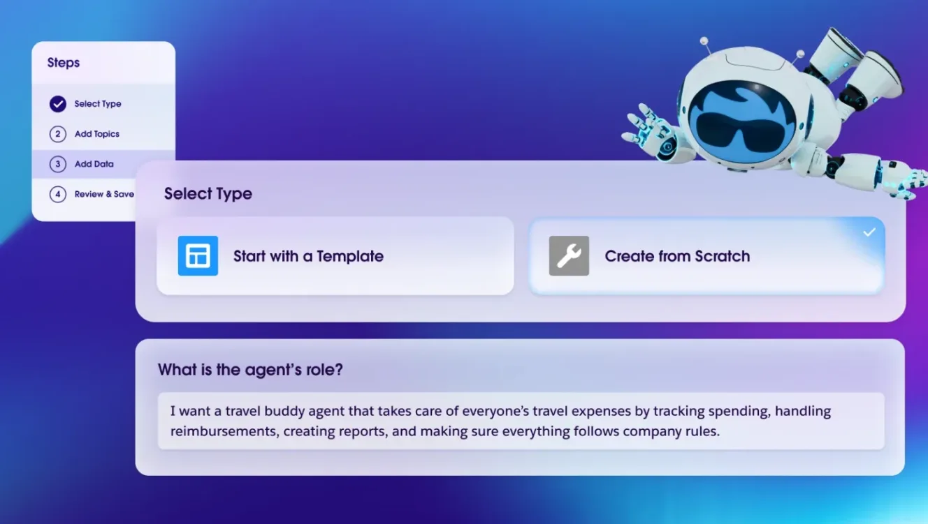 Salesforce AI agent builder showing user in process of natural language workflow creation on purple background