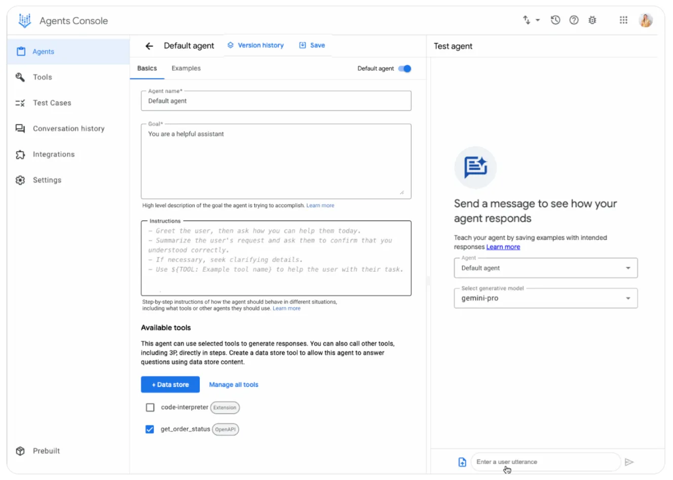 Google Vertex AI agent builder showing natural language workflow creation in white interface