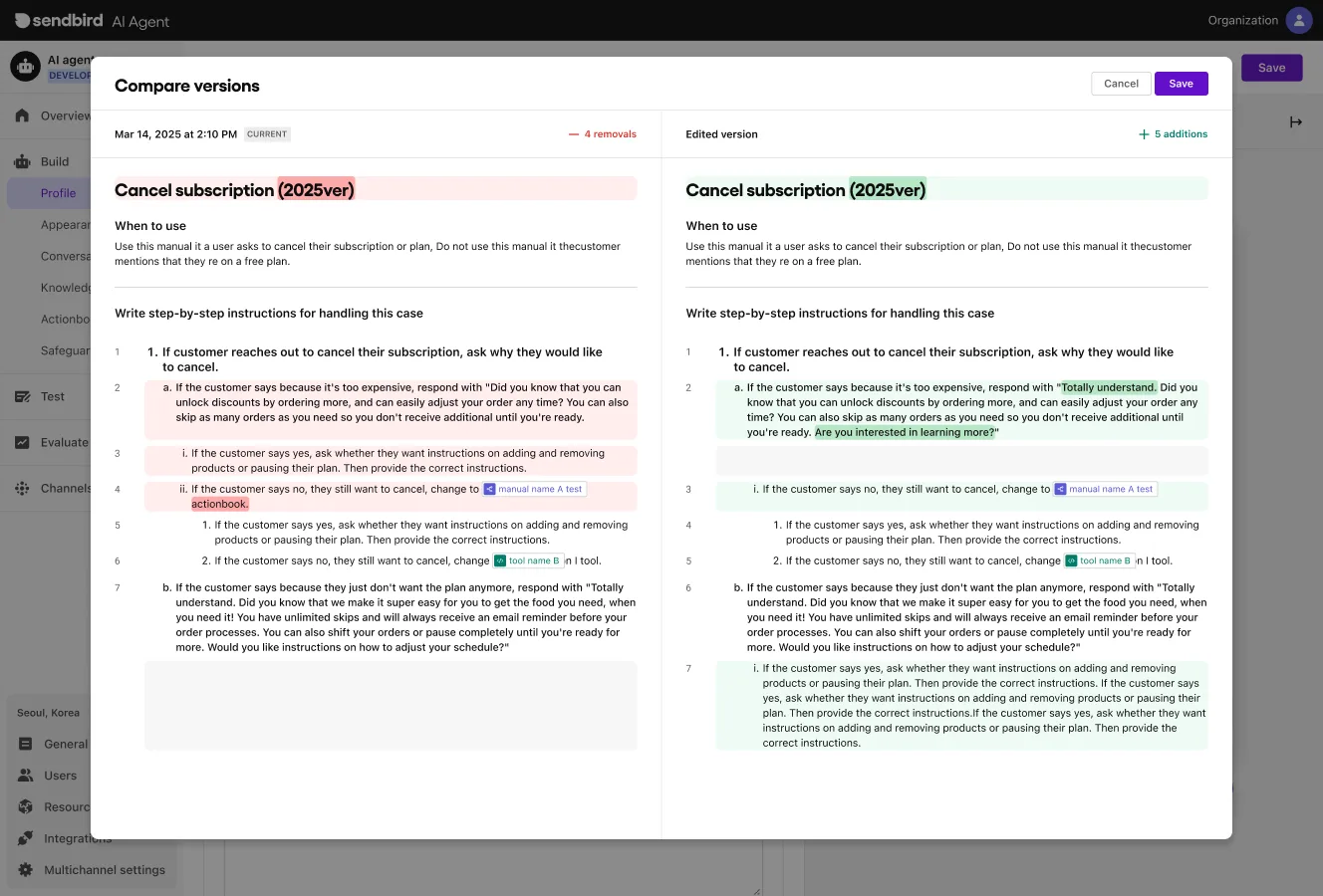 Track, compare, and revert to prior AI workflow versions to safely and transparently manage change.