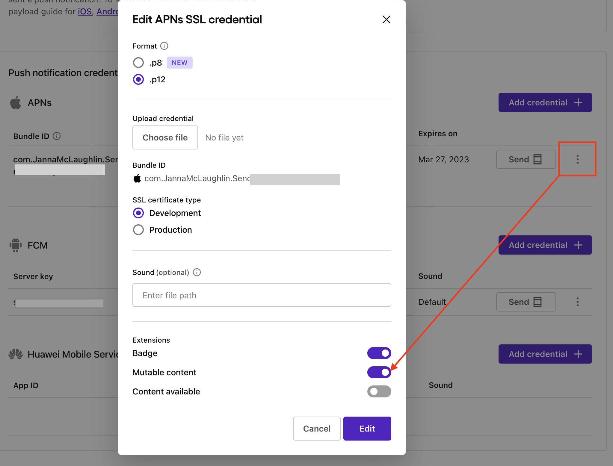 Screenshot: Enable mutable content or content available options