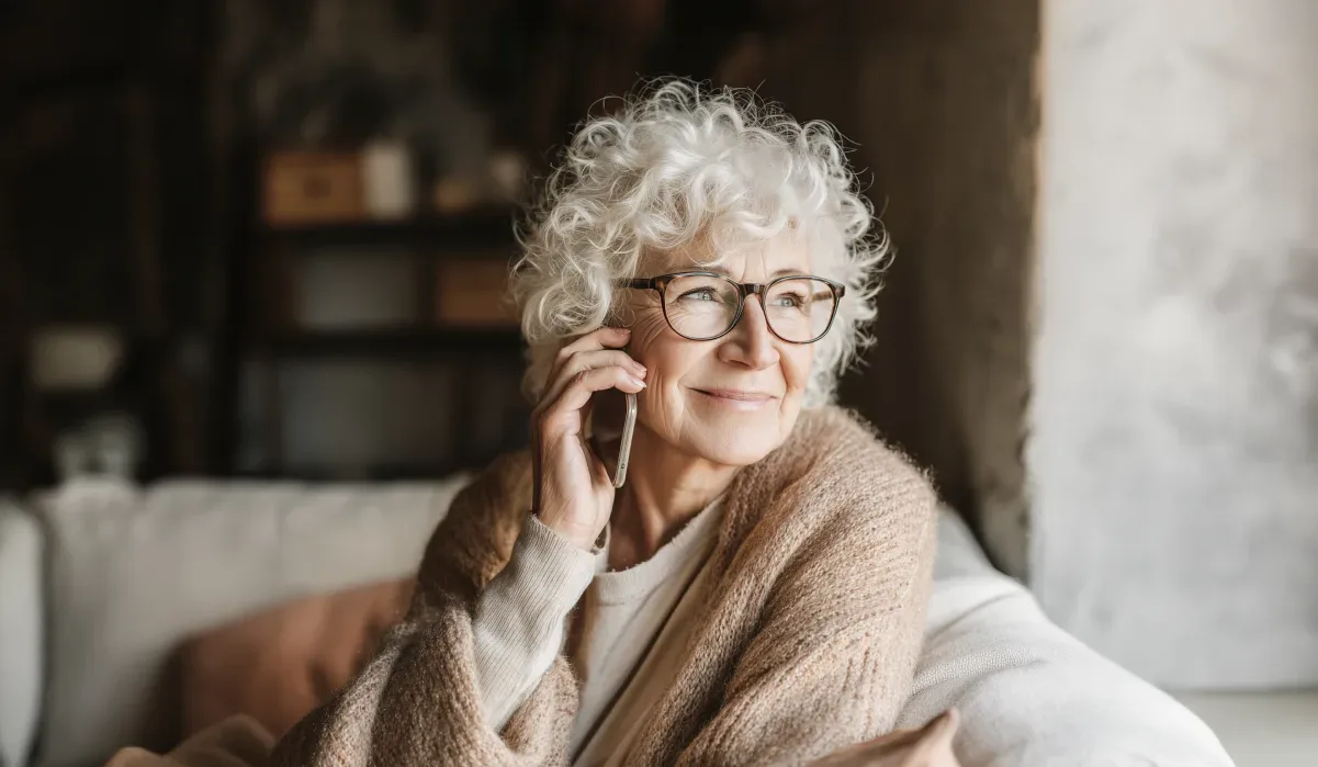 An older adult holding a smartphone to their ear