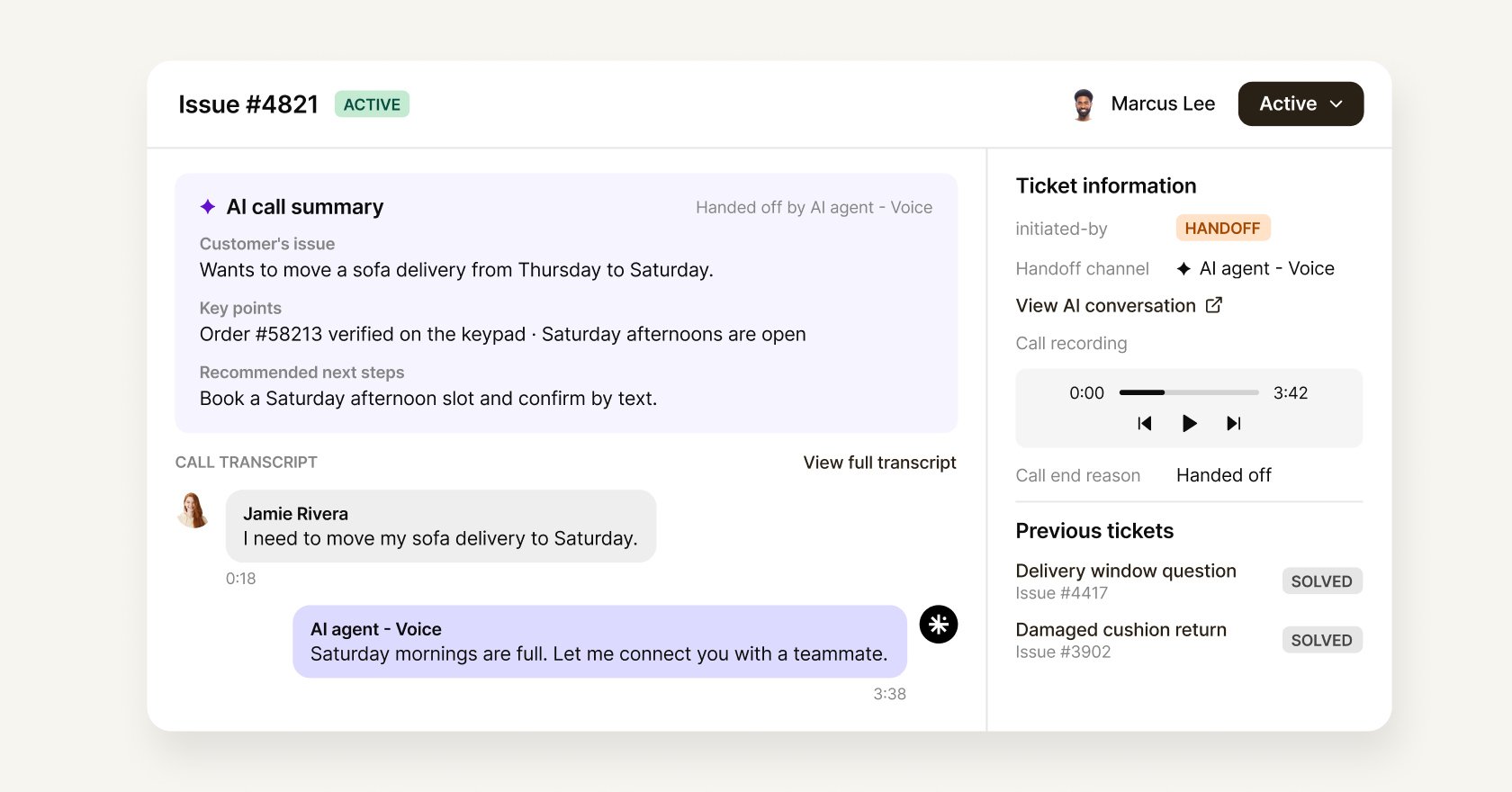 Voice Handoff connects your AI voice agent to your human team in Delight Desk