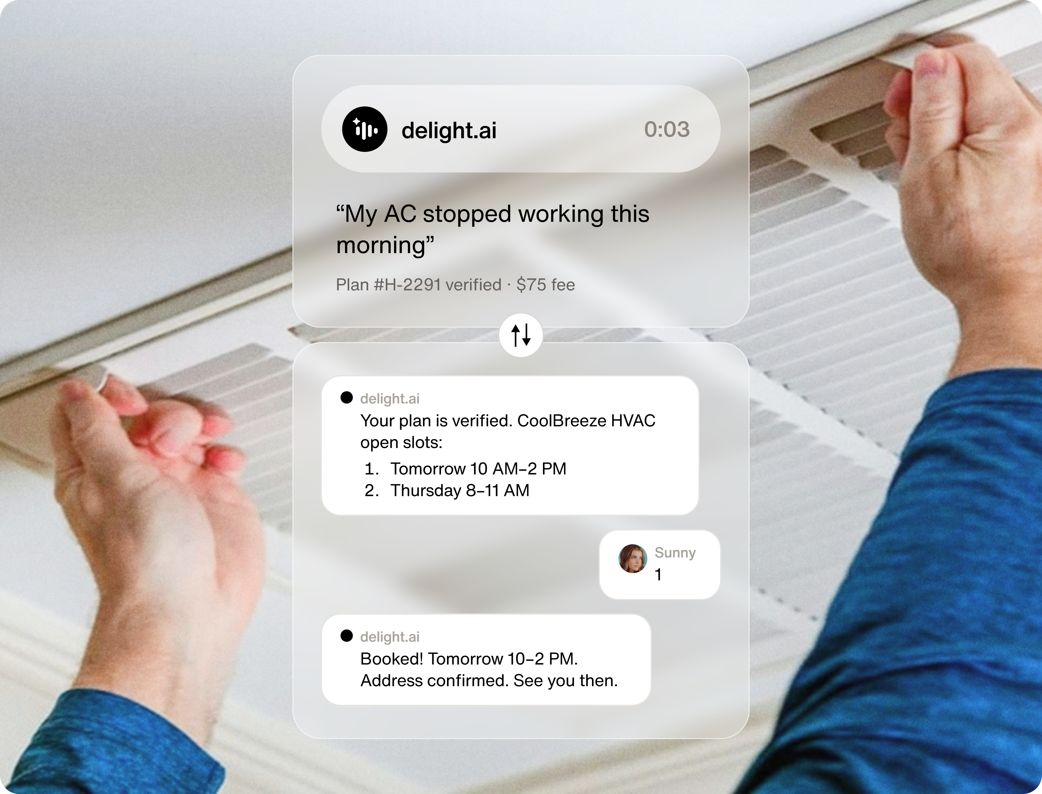 Voice handles the conversation. SMS handles the details. Both run on the same call.