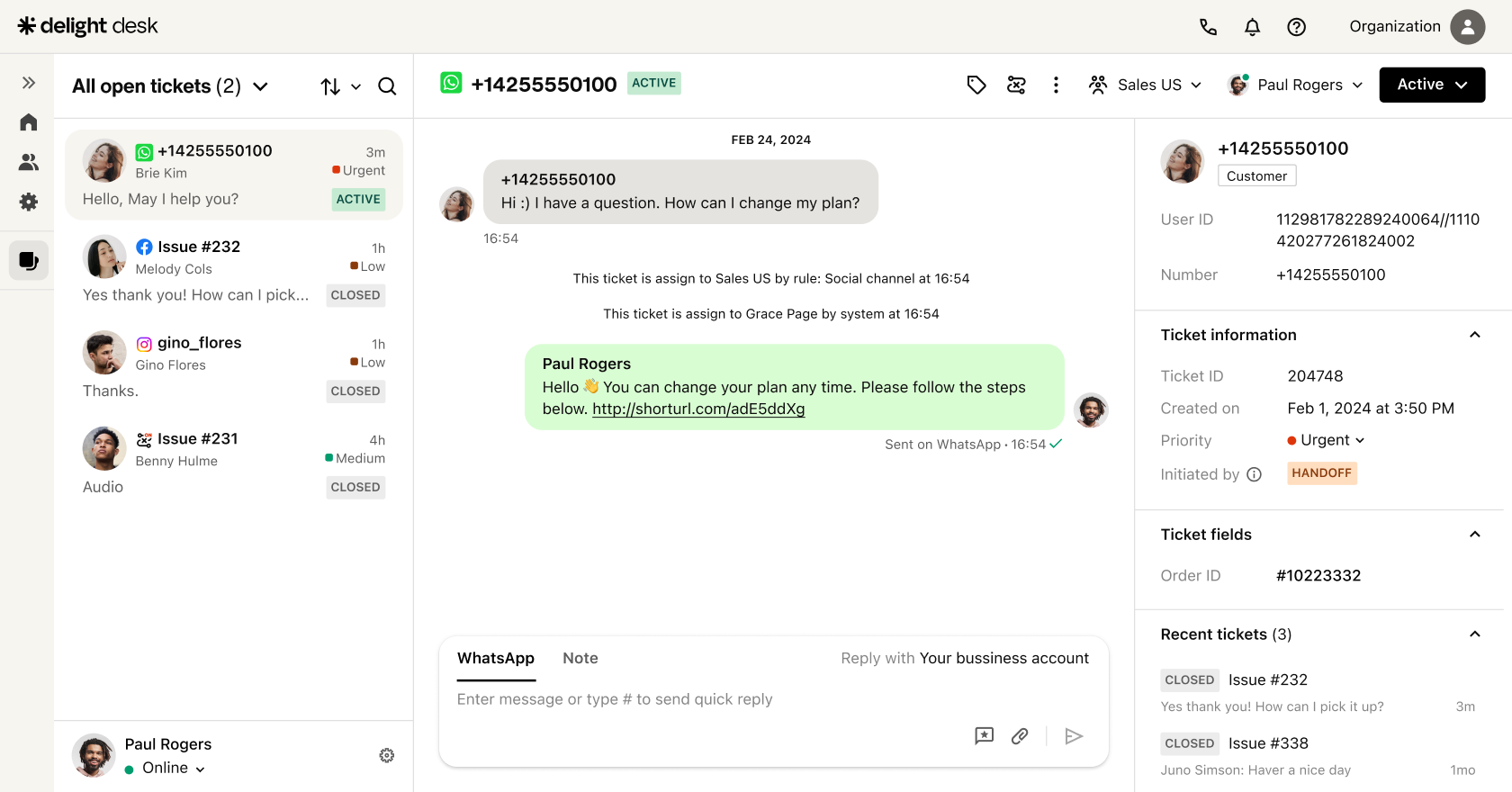 Operators can now configure their AI Agent to transfer WhatsApp conversations to a human agent in Desk